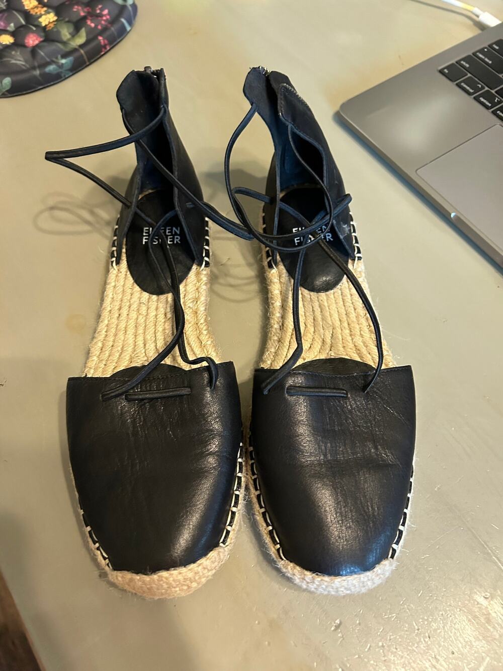 Eileen Fisher Black Leather Espadrilles Size 7.5